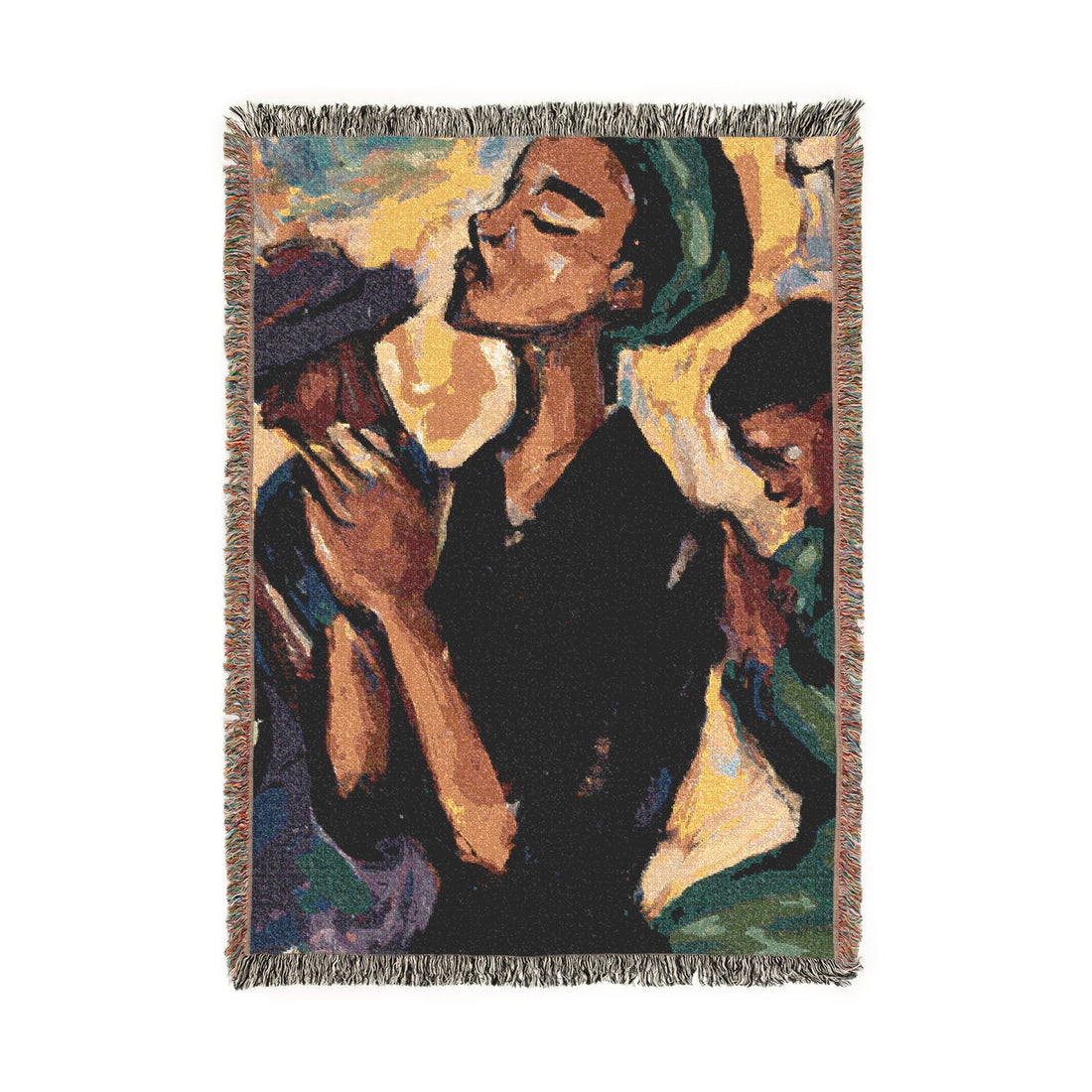 Woven blanket with artistic depiction of three  Black women figures on a white background