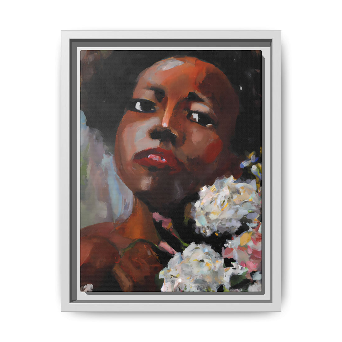 Afro Lady White, Flower Series | Framed Canvas Wall Art